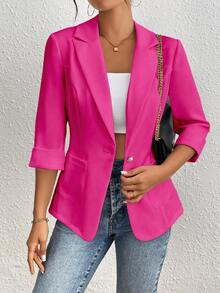 Rafferiza Solid Color Basic Suit Blazer For Casual And Commute, Spring/Summer - Hot Pink - View 4