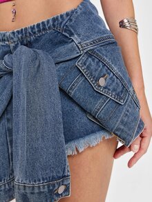ROMWE Y2K Street Punk Vintage Distressed Denim Skirt For Women, Design Asymmetrical Raw Hem 2 In 1 Short Skort - Blue - View 6