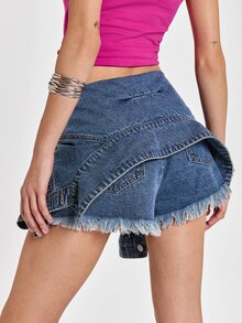 ROMWE Y2K Street Punk Vintage Distressed Denim Skirt For Women, Design Asymmetrical Raw Hem 2 In 1 Short Skort - Blue - View 8