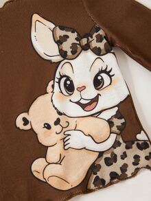 SHEIN Infant Toddler Cute Casual Knit Cartoon Pattern Leopard Print Long Sleeve Loungewear Set Baby Girls - Brown - View 7