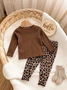 SHEIN Infant Toddler Cute Casual Knit Cartoon Pattern Leopard Print Long Sleeve Loungewear Set Baby Girls - Brown - View 5