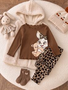 SHEIN Infant Toddler Cute Casual Knit Cartoon Pattern Leopard Print Long Sleeve Loungewear Set Baby Girls - Brown - View 6
