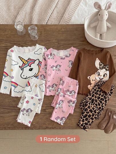 SHEIN Infant Toddler Cute Casual Knit Cartoon Pattern Leopard Print Long Sleeve Loungewear Set Baby Girls