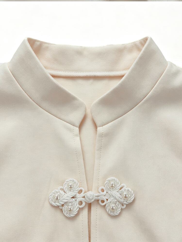 LUMIGAL / Women New Chinese Style French Elegant Wool Blend Jacket, Stand Collar Frog Buttons Slim Fit Short Coat, Wave Hem High Tea Party Off-White Fall - Beige - View 6