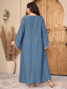 Al Najma 大尺碼女款 V 領休閒端莊印花洋裝，適合派對、Ninang 洗禮、泰國度假、摩洛哥度假及秋季出遊 - 藍色 - 查看 2