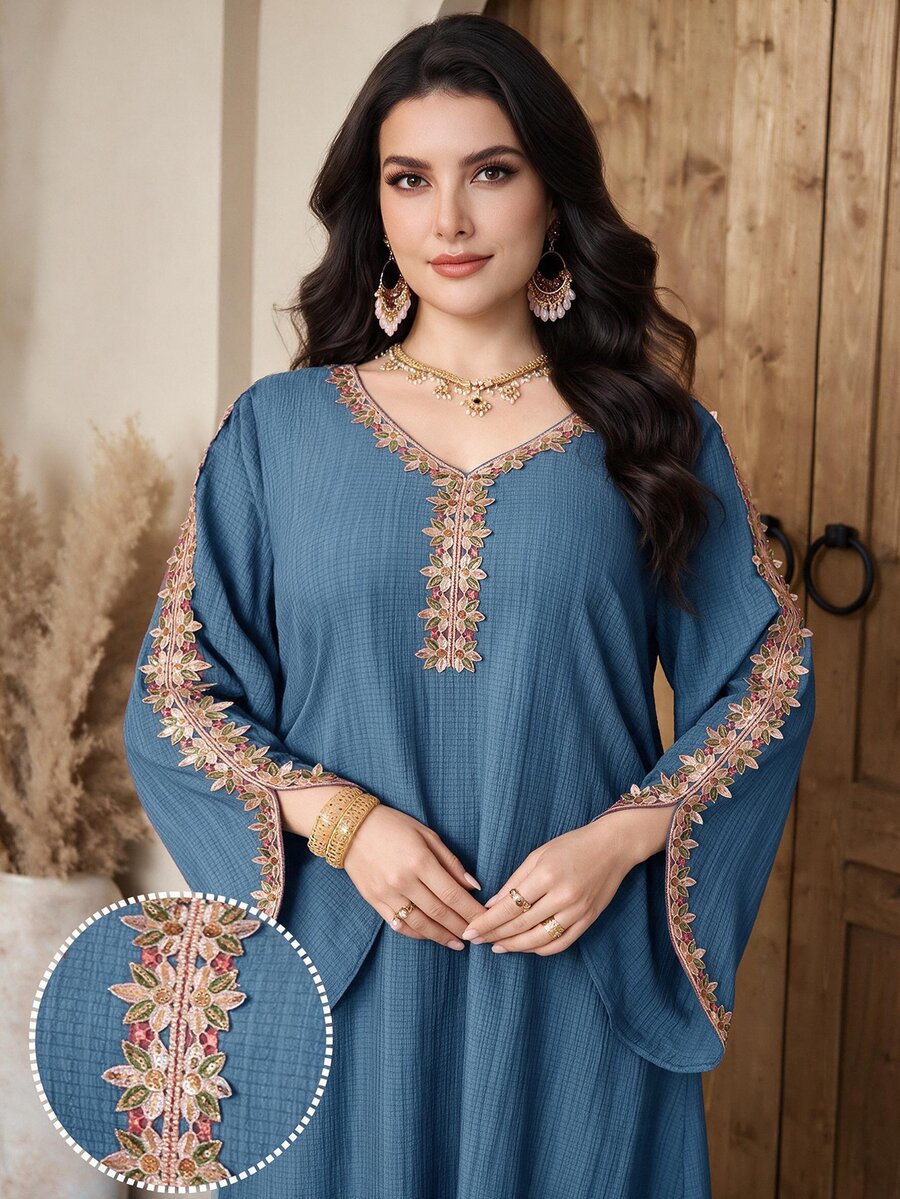 Al Najma Plus Size Women V-Neck Casual Modest Printed Dress, Suitable For Party Ninang Christening Thailand Holiday Morocco Holiday And Outing Fall - Blue - View 1