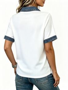 SHEIN LUNE Hot-Selling New Style, Minimalist Elegant Color-Block Short Sleeve Top, Suitable For Daily Commute, Store Visiting, Photography, And Dating - Multicolor - View 3