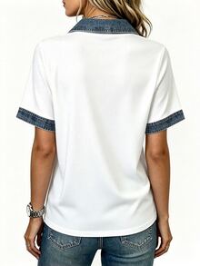 SHEIN LUNE Hot-Selling New Style, Minimalist Elegant Color-Block Short Sleeve Top, Suitable For Daily Commute, Store Visiting, Photography, And Dating - Multicolor - View 2