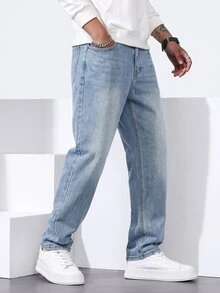 QuarKem Men's New Autumn Straight Leg Denim Jeans Vintage Washed Blue Long Pants - Light Wash - View 5