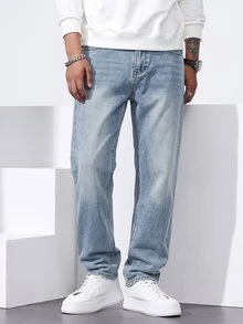 QuarKem Men's New Autumn Straight Leg Denim Jeans Vintage Washed Blue Long Pants - Light Wash - View 4