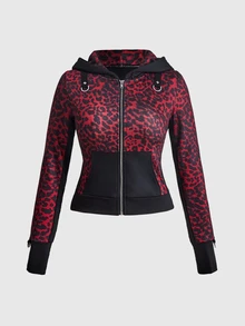 ROMWE Grunge Punk Street Punk Red Thermal Patchwork Cat Ear Women's Sweatshirt - Burgundy - View 3