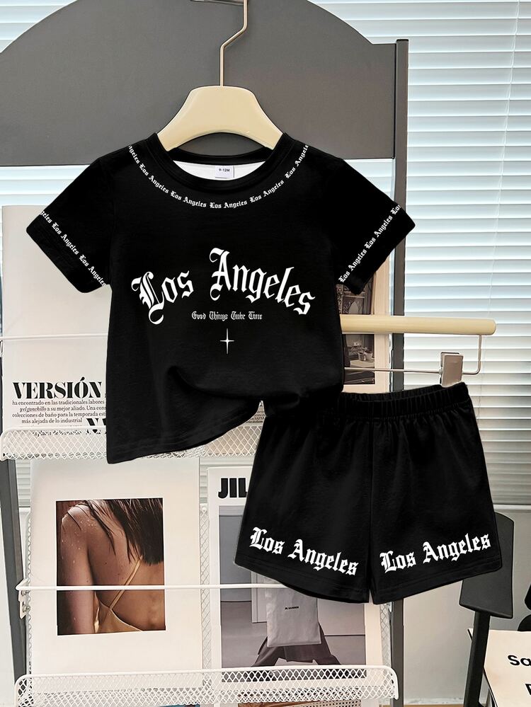 Setelan Bayi Laki-laki 2pcs: Kaos Lengan Pendek Kerah Bulat Motif Salib Huruf Gotik Hitam Polos dan Celana Pendek, Pakaian Kasual Hip Hop Musim Panas - MultiWarna - View 7