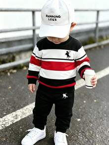 SHEIN 1 Set Baby Boy Spring/Autumn Casual Smart Racing Sports Outfit Minimalist Black Black And White Colorblock Signature Sweatshirt Sweatpants - Multicolor - View 2