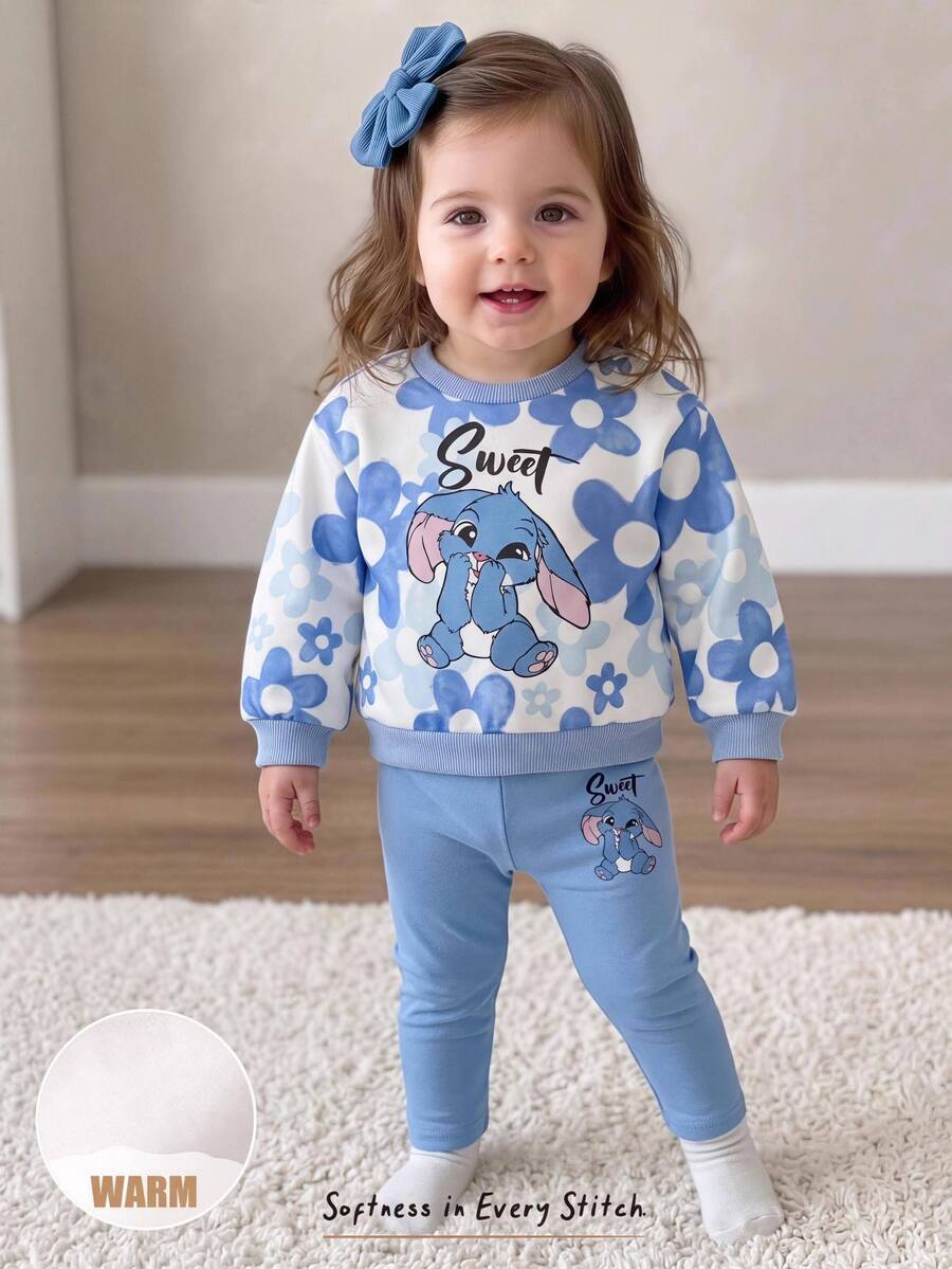 Cozy Pixies طقم كاجوال مريح يومي متعدد الاستخدامات للبنات الصغيرات، بلوزة رياضية بياقة دائرية مطبوعة بأرنب أزرق وجنية زرقاء مع بنطال طويل - الأزرق - مشاهدة 1