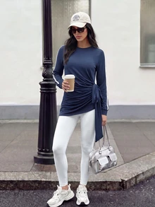 Solavon Women's Colorblock Side Knot Ruched Long Sleeve Sports T-Shirt - Navy Blue - View 2