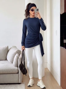 Solavon Women's Colorblock Side Knot Ruched Long Sleeve Sports T-Shirt - Navy Blue - View 3