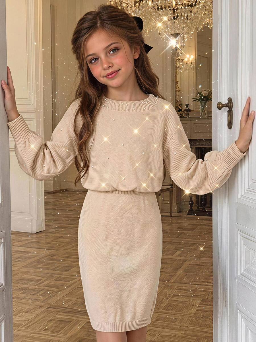 SHEIN Teen Girls Beaded Knit Simple Bodycon Dress - Apricot - View 1