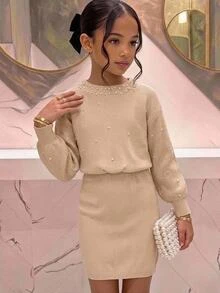SHEIN 青少年女孩珠飾針織簡約貼身洋裝 - 杏色 - 查看 5