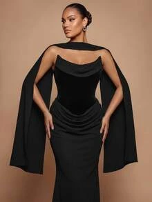 Glamrae Plus Size Elegant Romantic Cowl Neck Draped Neckline Satin Patchwork Elastic Satin Strap Ruffle Fitted Bodycon Mermaid Hem Heavy Embellished Evening Gown (Heavy Design) - Black - View 3