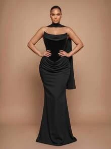 Glamrae Plus Size Elegant Romantic Cowl Neck Draped Neckline Satin Patchwork Elastic Satin Strap Ruffle Fitted Bodycon Mermaid Hem Heavy Embellished Evening Gown (Heavy Design) - Black - View 2