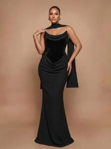 Glamrae Plus Size Elegant Romantic Cowl Neck Draped Neckline Satin Patchwork Elastic Satin Strap Ruffle Fitted Bodycon Mermaid Hem Heavy Embellished Evening Gown (Heavy Design) - Black - View 5