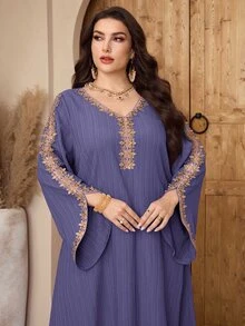 Al Najma Plus Size Women's Turkish Long Shirt Arabic Traditional Christening Guest Wedding Ninang Confirmation Purple Fall Cultural Elegant Modest Formal - Purple - View 3