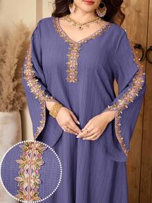 Al Najma Plus Size Women's Turkish Long Shirt Arabic Traditional Christening Guest Wedding Ninang Confirmation Purple Fall Cultural Elegant Modest Formal - Purple - View 5