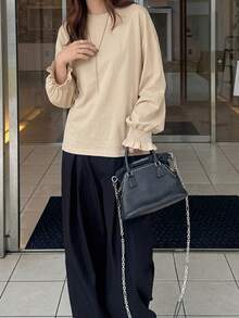 FRIFUL Women's Solid Color Round Neck Casual Daily Long Sleeve T-Shirt, Spring/Summer - Apricot - View 2