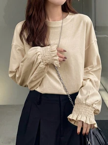 FRIFUL Women's Solid Color Round Neck Casual Daily Long Sleeve T-Shirt, Spring/Summer - Apricot - View 4
