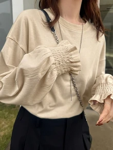 FRIFUL Women's Solid Color Round Neck Casual Daily Long Sleeve T-Shirt, Spring/Summer - Apricot - View 3