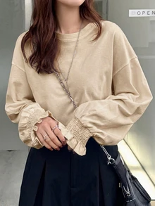 FRIFUL Women's Solid Color Round Neck Casual Daily Long Sleeve T-Shirt, Spring/Summer - Apricot - View 6