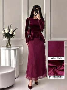Modelyn Women's Burgundy Knitted Long Sleeve Cinched Waist Asymmetrical Hem A-Line Romantic Elegant Commute Party Midi Dress - Red - View 5