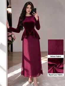 Modelyn Women's Burgundy Knitted Long Sleeve Cinched Waist Asymmetrical Hem A-Line Romantic Elegant Commute Party Midi Dress - Red - View 2