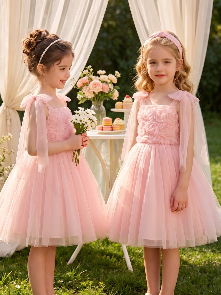 Glamorique Kids Glamorique Young Girl Girls' Pink Elegant Mesh 3D Rose Princess Dress, Flowy Shoulder Tie Tulle Party Birthday Ball Gown Formal Evening Dress For 4-7 Years - Pink - View 1