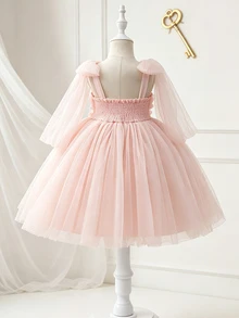 Glamorique Kids Glamorique Young Girl Girls' Pink Elegant Mesh 3D Rose Princess Dress, Flowy Shoulder Tie Tulle Party Birthday Ball Gown Formal Evening Dress For 4-7 Years - Pink - View 2
