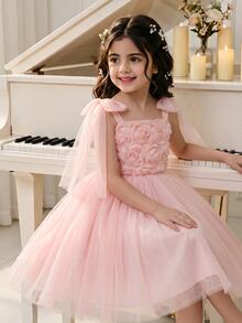 Glamorique Kids Glamorique Young Girl Girls' Pink Elegant Mesh 3D Rose Princess Dress, Flowy Shoulder Tie Tulle Party Birthday Ball Gown Formal Evening Dress For 4-7 Years - Pink - View 8