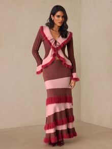SHEIN Allurite Elegant Autumn Dusty Pink Light Pink Ruffle Bell Sleeve Cardigan Top Fringed Fishtail Skirt 2 Pieces Set, Romantic Vacation Party Dinner Outfit - Multicolor - View 10