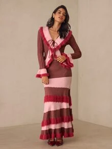 SHEIN Allurite Elegant Autumn Dusty Pink Light Pink Ruffle Bell Sleeve Cardigan Top Fringed Fishtail Skirt 2 Pieces Set, Romantic Vacation Party Dinner Outfit - Multicolor - View 5