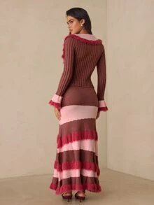 SHEIN Allurite Elegant Autumn Dusty Pink Light Pink Ruffle Bell Sleeve Cardigan Top Fringed Fishtail Skirt 2 Pieces Set, Romantic Vacation Party Dinner Outfit - Multicolor - View 2
