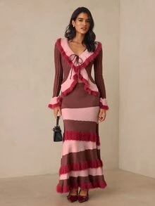SHEIN Allurite Elegant Autumn Dusty Pink Light Pink Ruffle Bell Sleeve Cardigan Top Fringed Fishtail Skirt 2 Pieces Set, Romantic Vacation Party Dinner Outfit - Multicolor - View 3