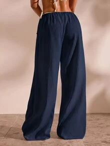 Opulessa Drawstring Waist Cover Up Pants Vacation Outfits Women Vacation Beach Navy Blue Summer Tropical Casual - Navy Blue - View 2