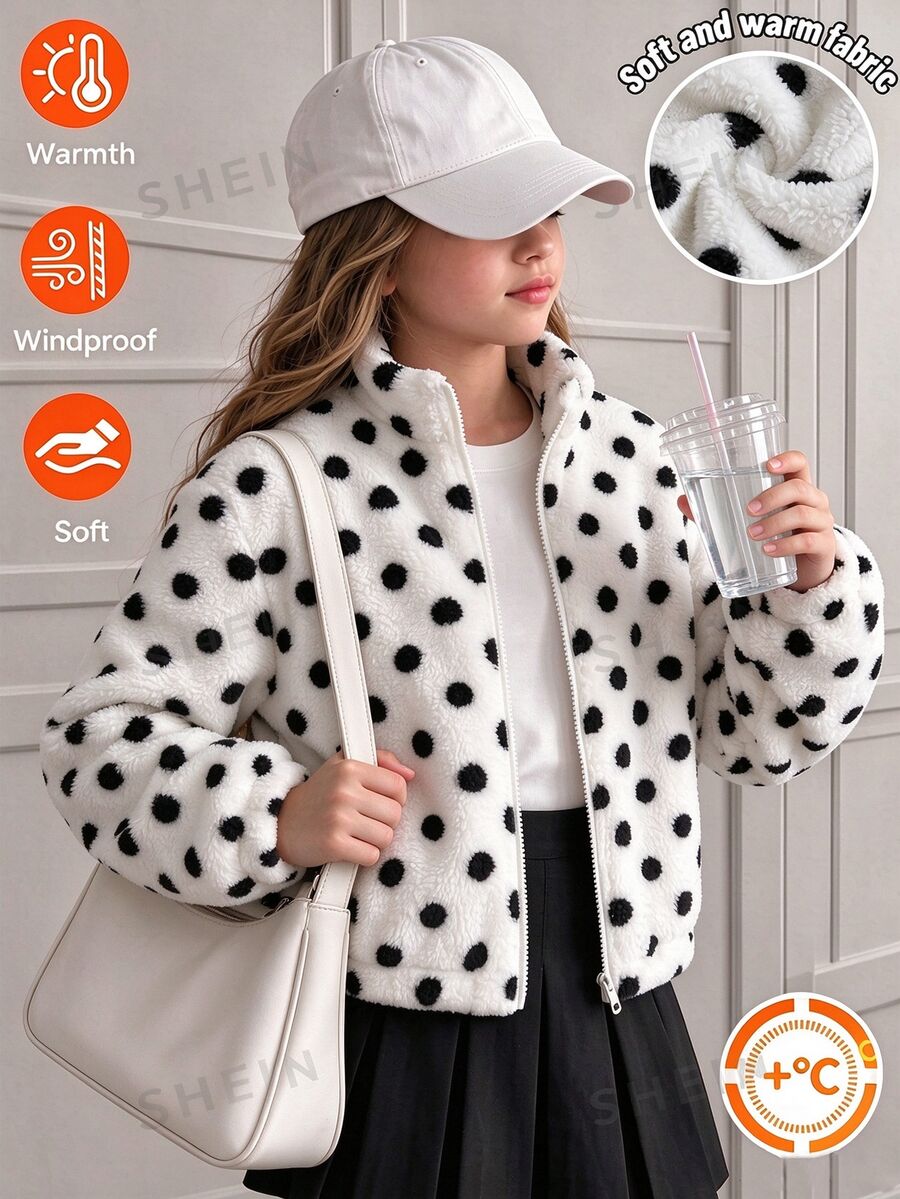 SHEIN Sparklyn 女童毛絨外套 白色波點底色 復古可愛酷女孩風 俏皮秋季上衣套裝 冬季長袖黑色洋裝 校園校外健身房穿搭 - 彩色 - 查看 1