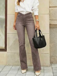 Selenza Plus Size Women Asymmetrical Waist Casual Versatile Daily Wear Denim Jeans - Coffee Brown - View 2