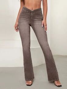 Selenza Plus Size Women Asymmetrical Waist Casual Versatile Daily Wear Denim Jeans - Coffee Brown - View 3