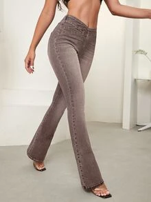 Selenza Plus Size Women Asymmetrical Waist Casual Versatile Daily Wear Denim Jeans - Coffee Brown - View 8