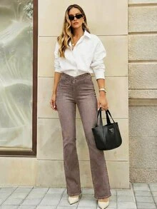 Selenza Plus Size Women Asymmetrical Waist Casual Versatile Daily Wear Denim Jeans - Coffee Brown - View 9