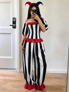 INAWLY Solva Women's Casual Extravagant Ruffle Hem Top And Black Loose Pants Halloween Set Concert Party - Black and White - View 4