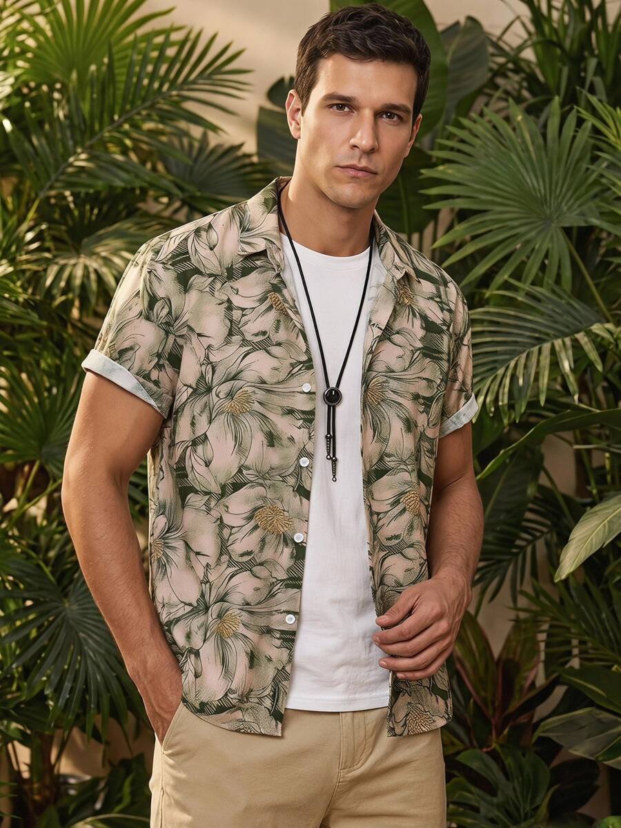 Manfinity RSRT Men's Floral Print Single-Breasted Casual Short Sleeve Shirt, Holiday - Multicolor - View 1