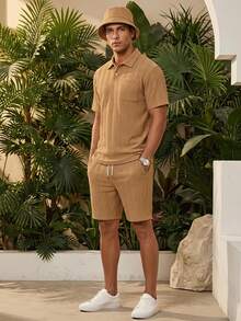 Manfinity RSRT Men's Polo Shirt & Shorts Set, Knitted Casual Everyday Wear, World Cup, Holiday - Khaki - View 1