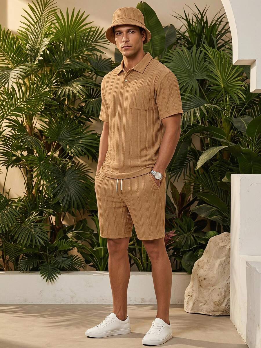 Manfinity RSRT Men's Polo Shirt & Shorts Set, Knitted Casual Everyday Wear, World Cup, Holiday - Khaki - View 1